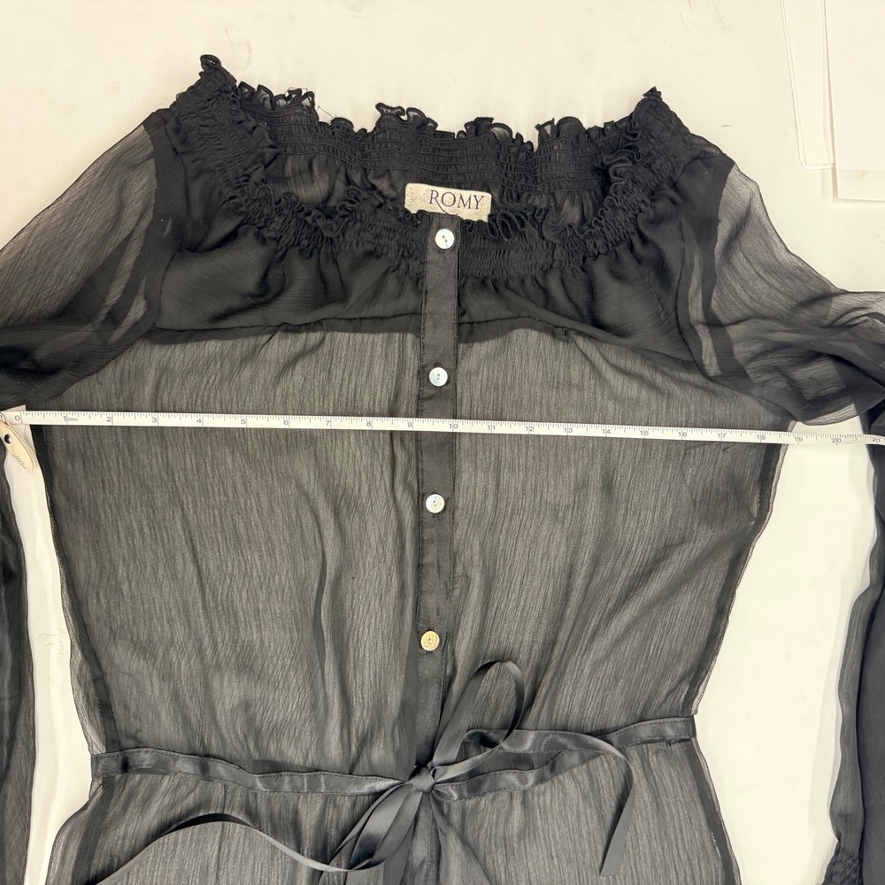 ROMY Romantic Sheer Chiffon Blouse Womens Small Black Sexy Ruffle Ribbon Tie - Picture 12 of 13